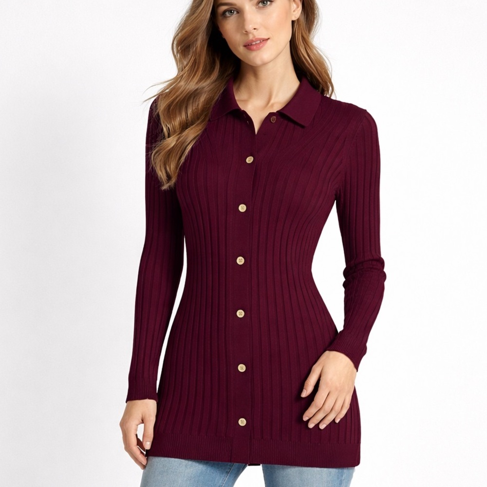 White House Black Market Purple Ribbed Button Up Polo Cardigan Sweater M NWOT